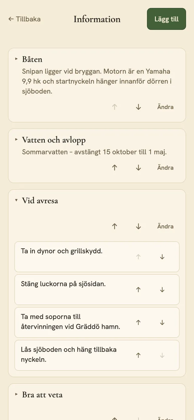 Informationssidan i mobilen med stugans avsnitt och stycken