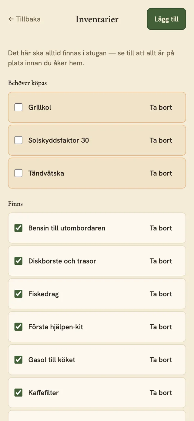 Inventarielistan i mobilen, med varje sak märkt på plats eller slut